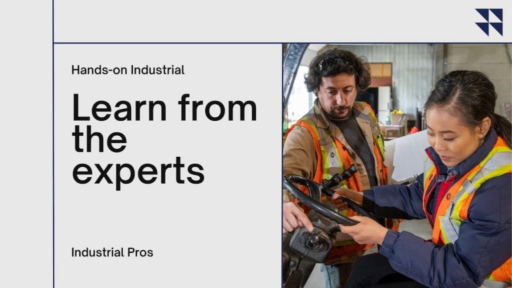 Training workshop scenes with professionals using industrial tools, emphasizing hands-on learning